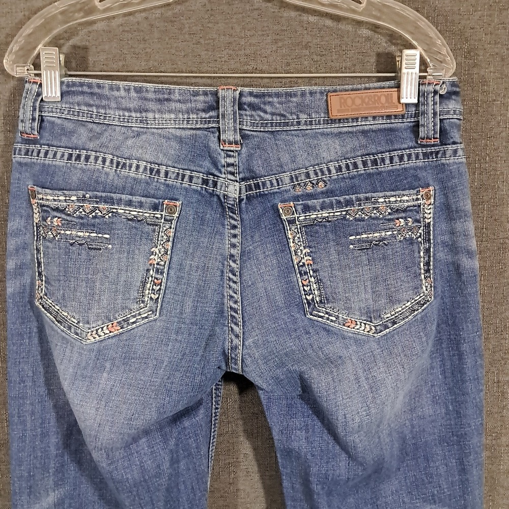 Rock & Roll Cowgirl Jeans Riding 30x28 Boot Western Stone Wash Embroidered Rodeo - Picture 14 of 15